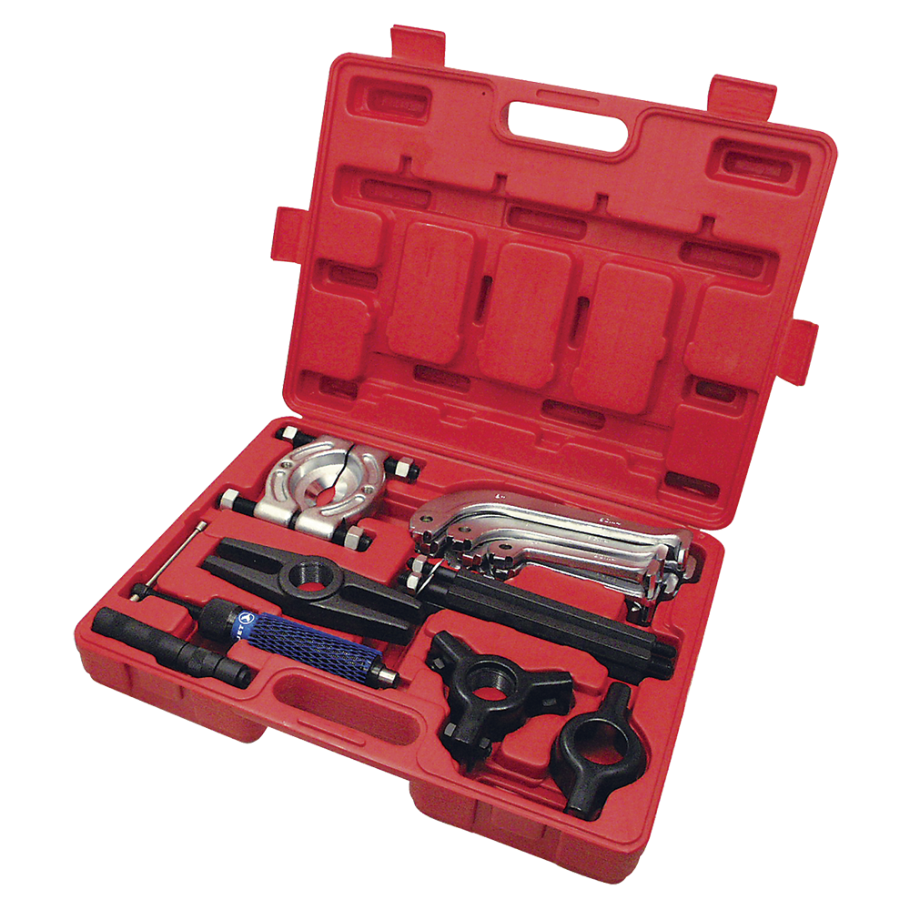 22-piece 10-ton gear puller set with chrome vanadium steel construction and red plastic carrying case