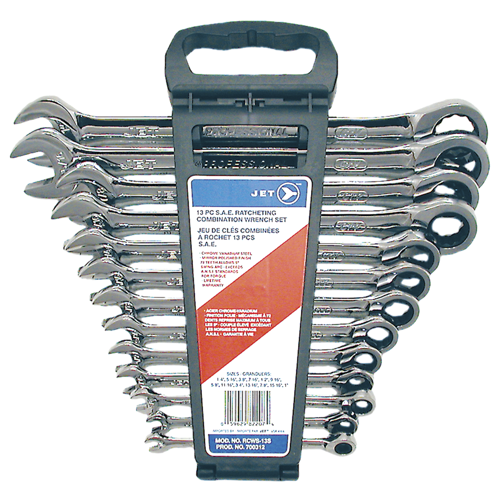 13-piece SAE ratchet combination wrench set with polished chrome finish and durable plastic carrying case handle