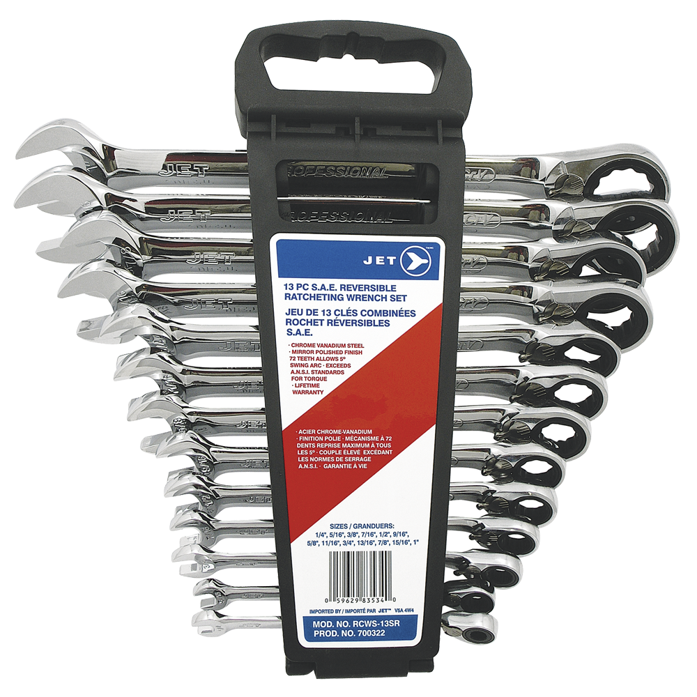 Set of 13 SAE reversible ratcheting wrenches with 12-point Torque Drive heads and polished chrome finish in carrying holder