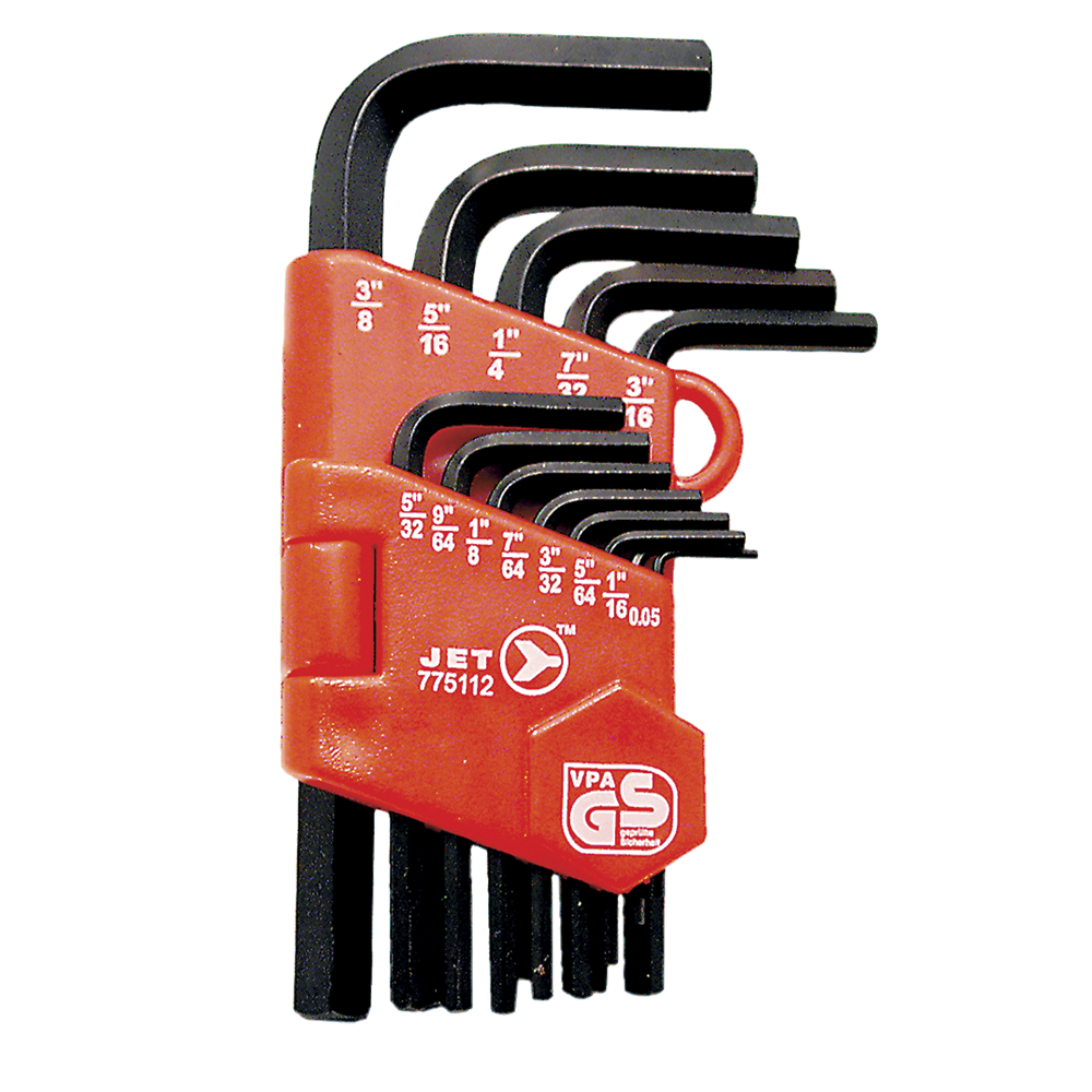 13-piece short SAE hex key set with industrial heat-treated chrome vanadium steel and red organizer case