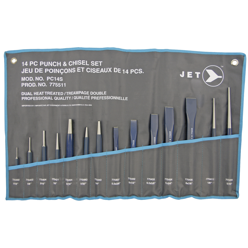 14-piece punch and chisel set with dual heat-treated carbon steel, anti-rust coating, and hexagonal shanks in blue pouch