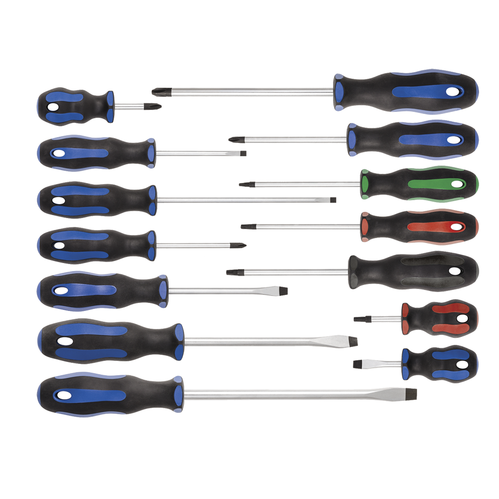 Set of 14 ergonomic screwdrivers with molded polypropylene and thermoplastic handles in various sizes and colors
