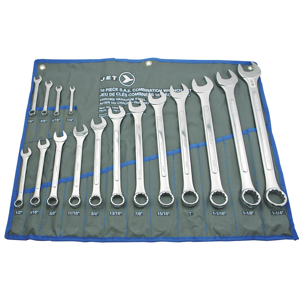 16-piece SAE combination wrench set with chrome vanadium steel and TORQU box ends in a blue roll-up pouch