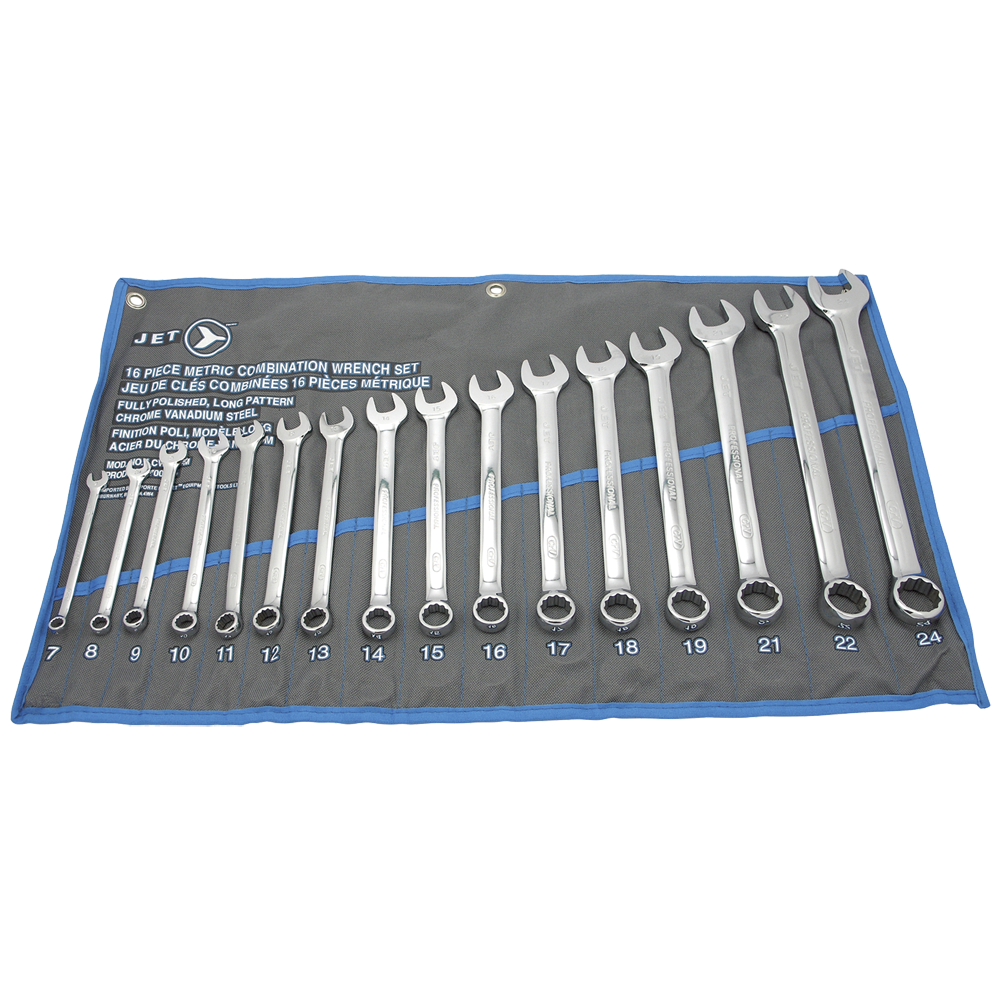 16-piece metric combination wrench set with extra-long design, 6 and 12-point heads, organized in blue tool roll pouch