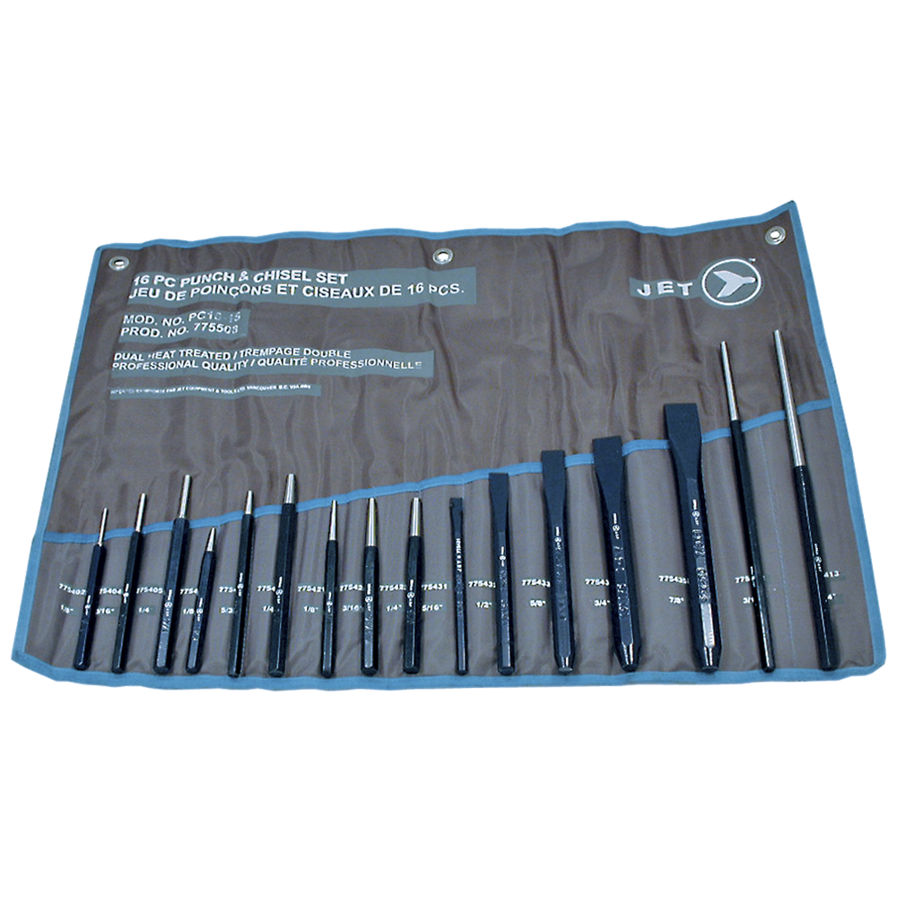 16-piece JET punch and chisel set with heat-treated carbon steel, anti-rust spray coating, and hexagonal shanks in storage roll-up pouch
