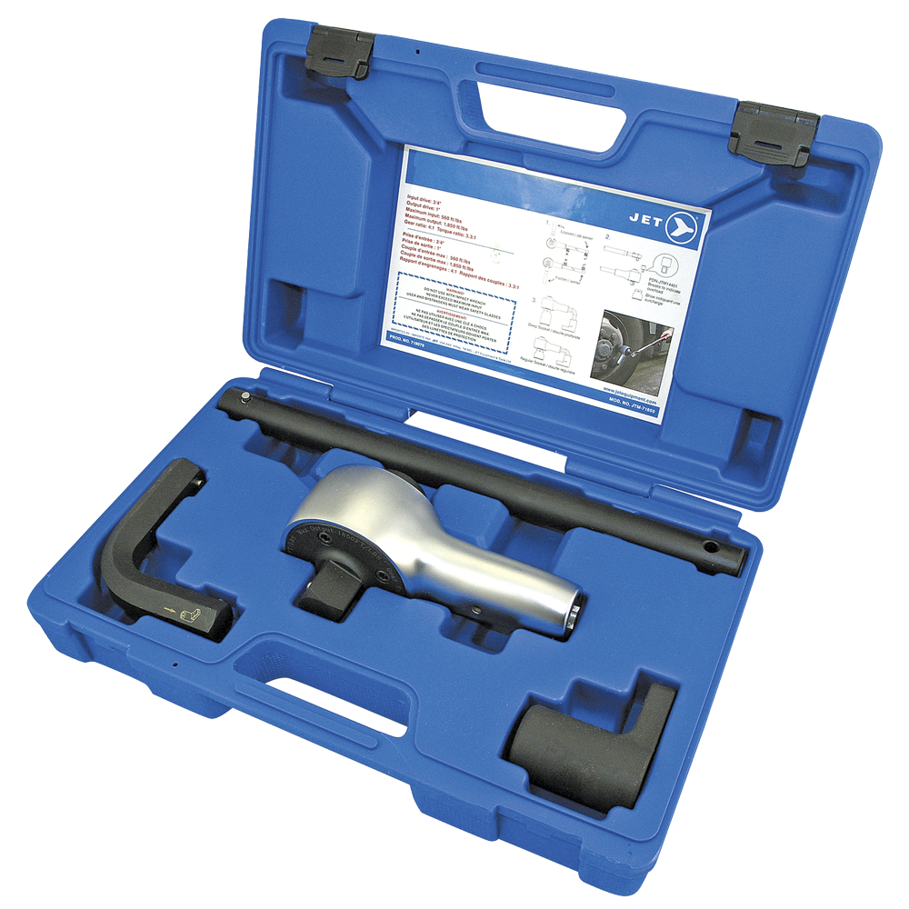 Torque multiplier kit with planetary gear system, metal handle, and sturdy blue carrying case for high-torque bolt tightening