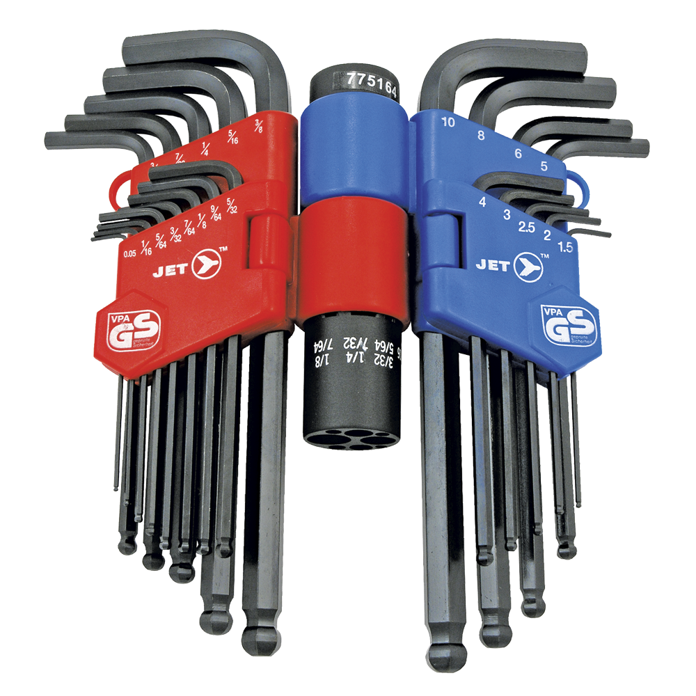 SAE and metric ball nose hex key set with extra-long shafts and spherical heads for hard-to-reach bolts and angled tightening
