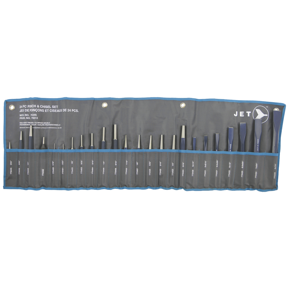 24-piece Jet punch and chisel set with high carbon steel, rust-resistant sprayed rods, and continuously sharpened edges in fabric roll-up pouch