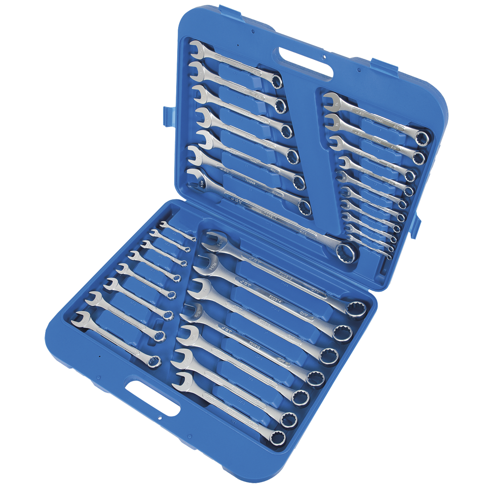 32-piece SAE and metric combination wrench set with TORQU polygonal heads and chrome vanadium steel construction in blue carrying case