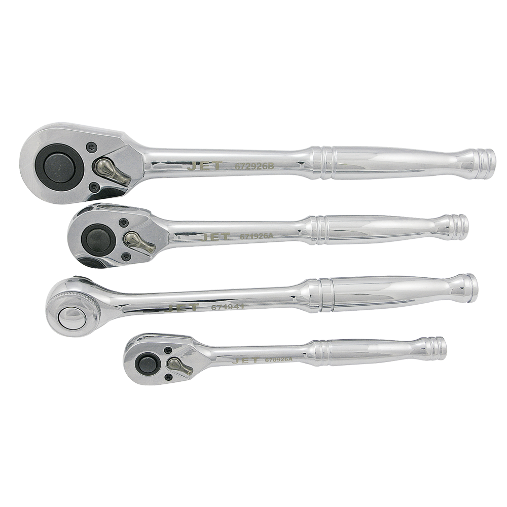 Set of 3 chrome vanadium steel ratchet wrenches with improved tooth design, includes regular and extra-long models plus bonus tool