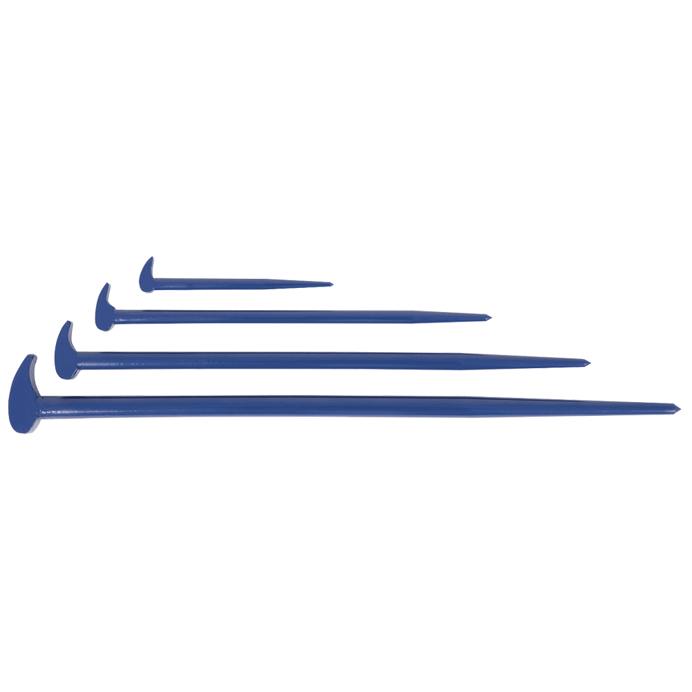 Set of 4 large rounded head pry bars made of chrome-molybdenum steel with ergonomic bi-material handles for heavy-duty use