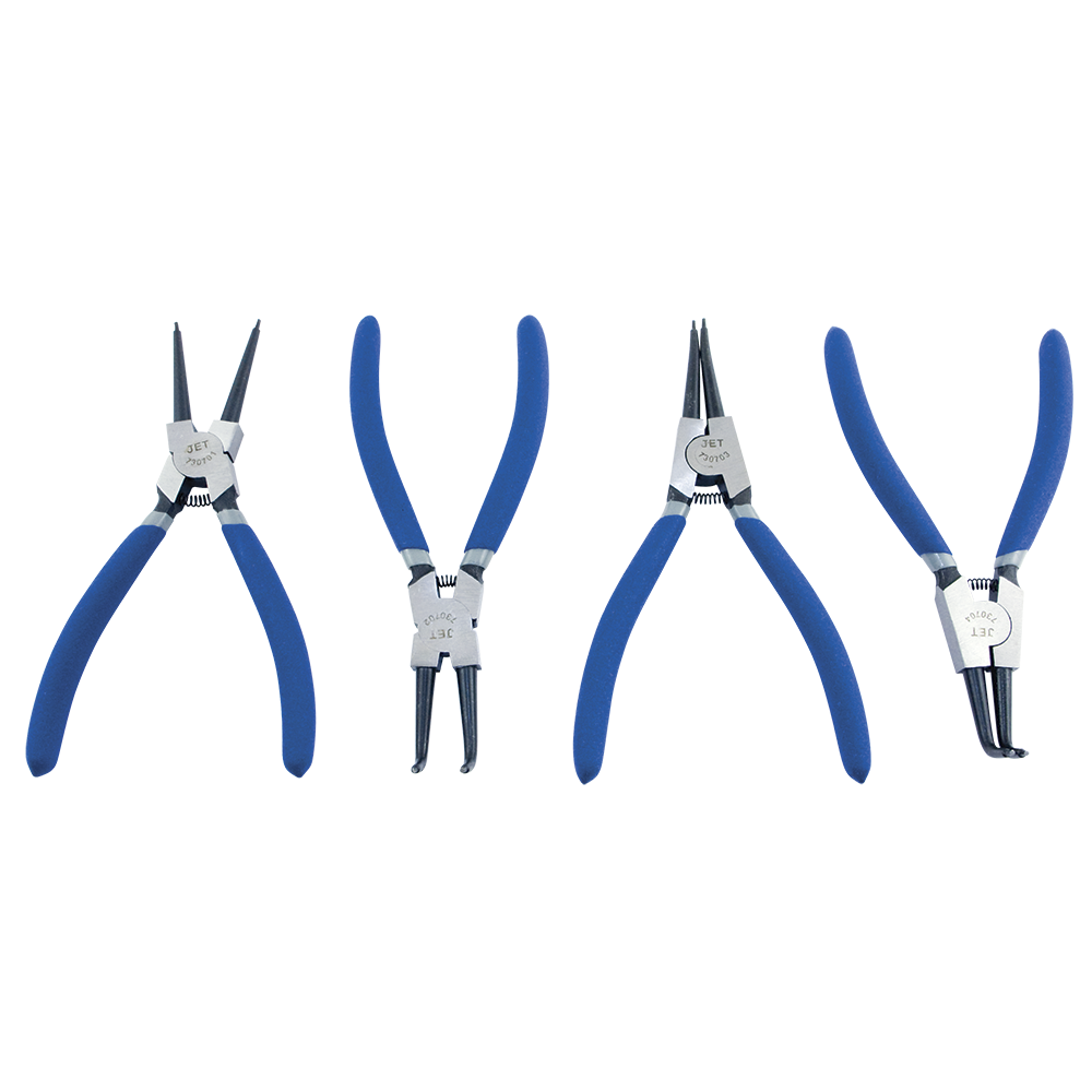 Set of 4 circlip pliers with comfortable blue handles, carbon steel construction, and spring-loaded branches for secure grip