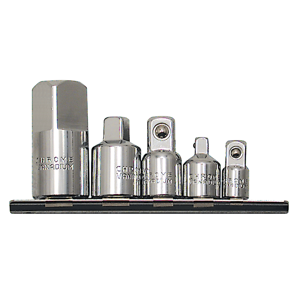 5-piece chrome vanadium steel socket adapter set with forged construction, professional-grade quality, and standard compliance