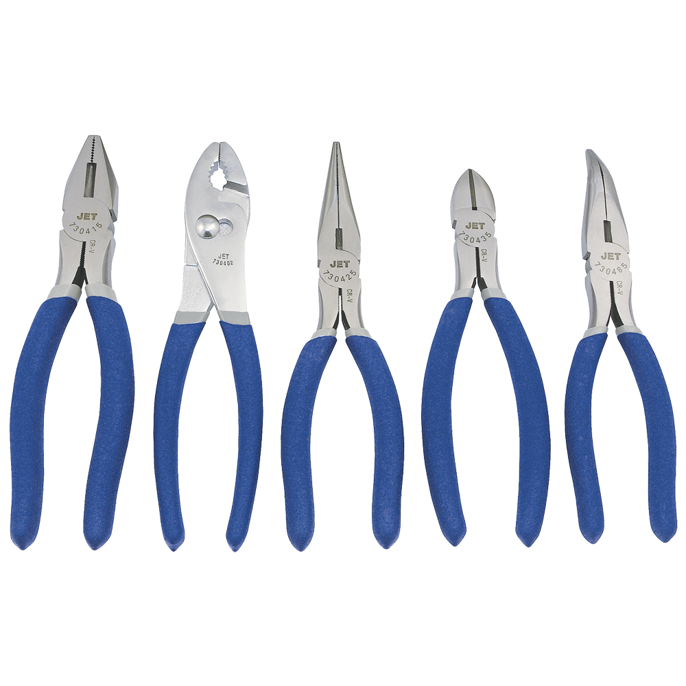Set of five 8-inch professional pliers with blue ergonomic handles, including slip joint and needle nose types.