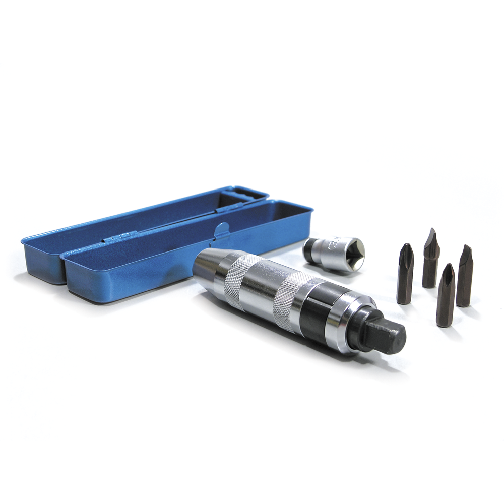 High-carbon steel impact driver with heat-treated body, S2 steel bits, 5/16-inch bit adapter, and 1/2-inch socket adapter