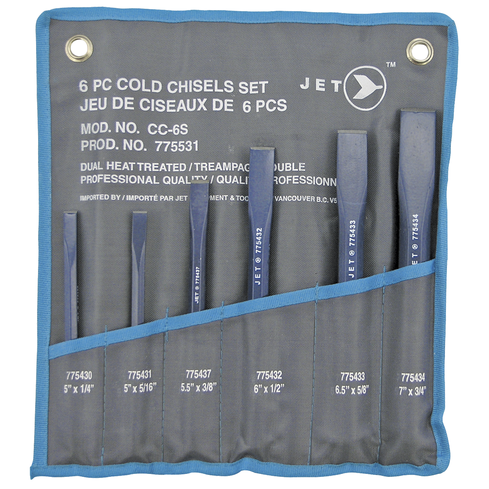 Set of 6 cold chisels with hexagonal anti-rust rods, heat treated carbon steel and continuously sharpened cutting edges