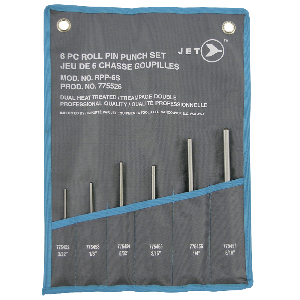 6-piece roll pin punch set with dual heat-treated carbon steel punches in blue and gray fabric organizer pouch