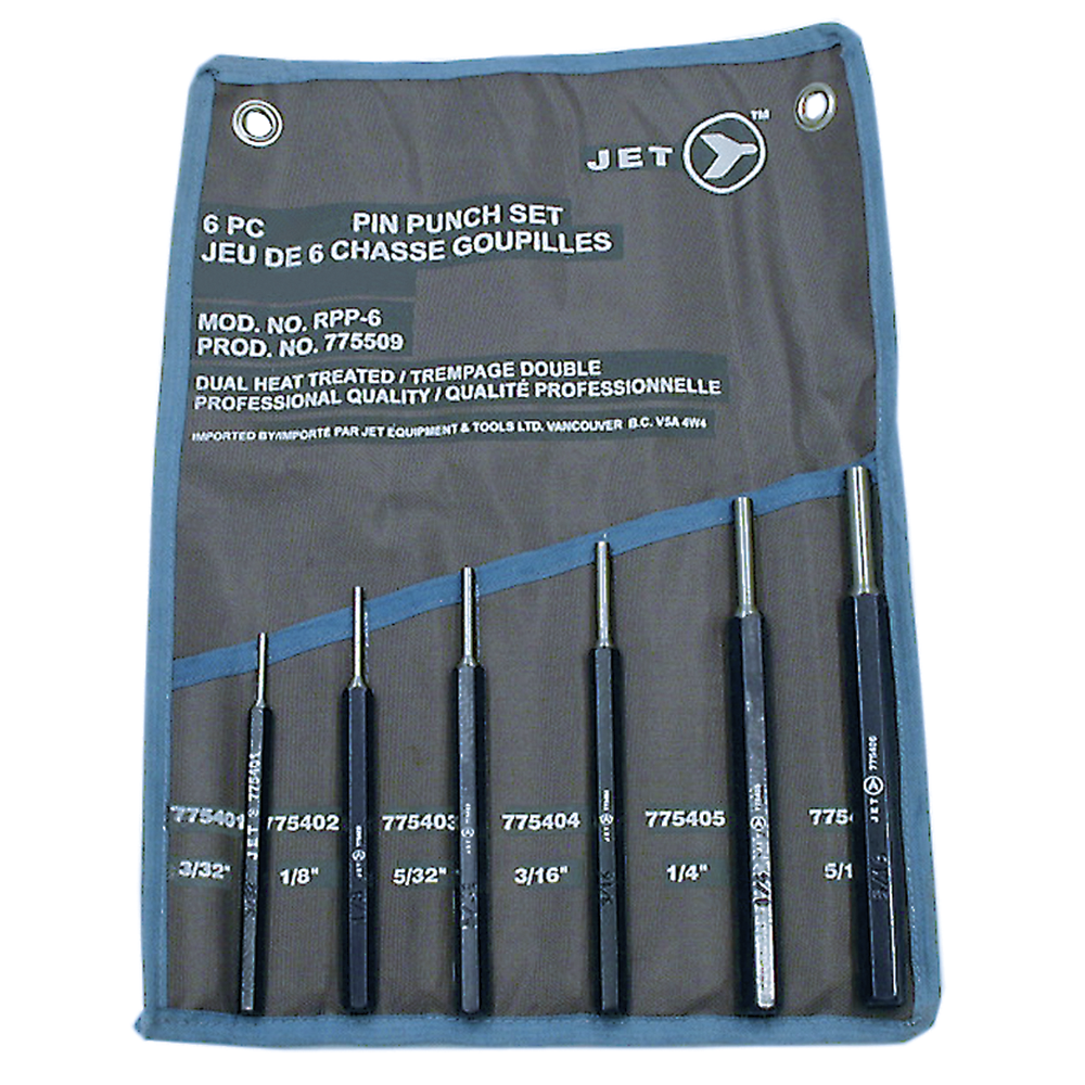 6-piece Jet pin punch set with hexagonal anti-rust shafts and dual heat-treated carbon steel tips in fabric storage pouch