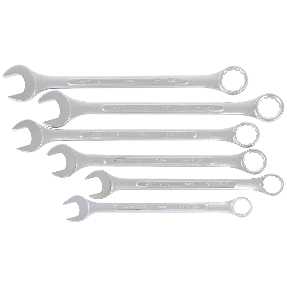 Set of 6 jumbo combination wrenches 1 3/8 to 2 inch made from chrome vanadium steel with torque polygonal heads