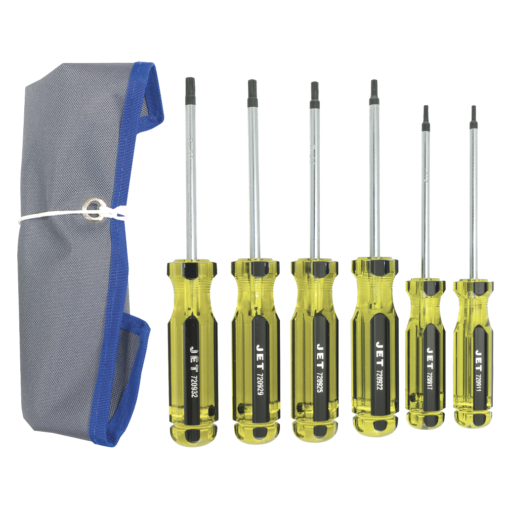 6-piece Torx screwdriver set with oversized grooved handles and durable cellulose acetate grips in a gray and blue storage pouch