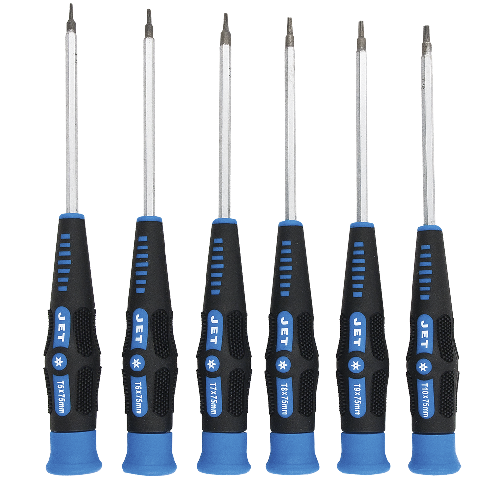 Set of six precision Torx screwdrivers T5 to T10 with ergonomic black and blue handles and chrome vanadium steel shafts