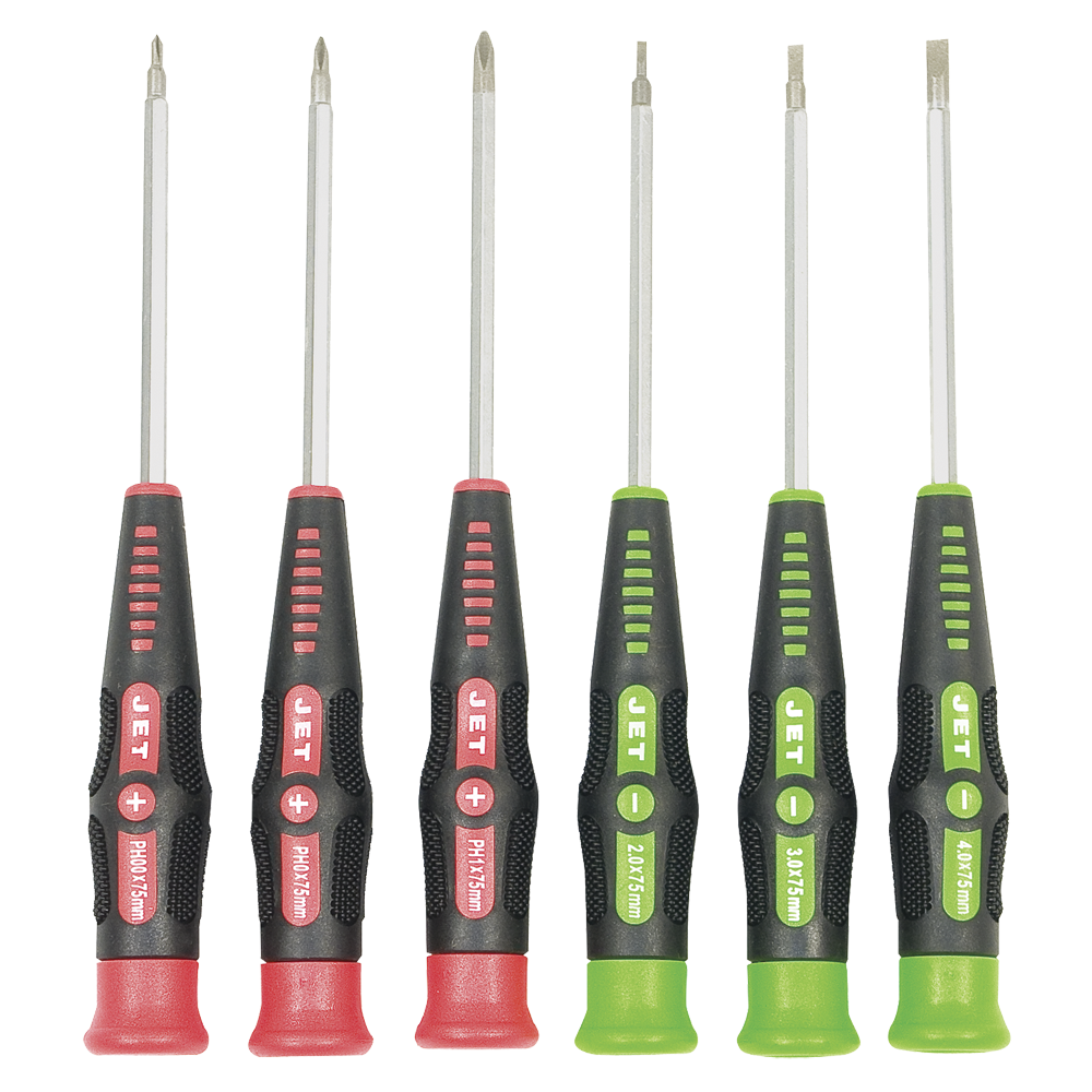 Set of six precision screwdrivers with ergonomic two-material handles, rotating caps, and chrome vanadium steel shafts.