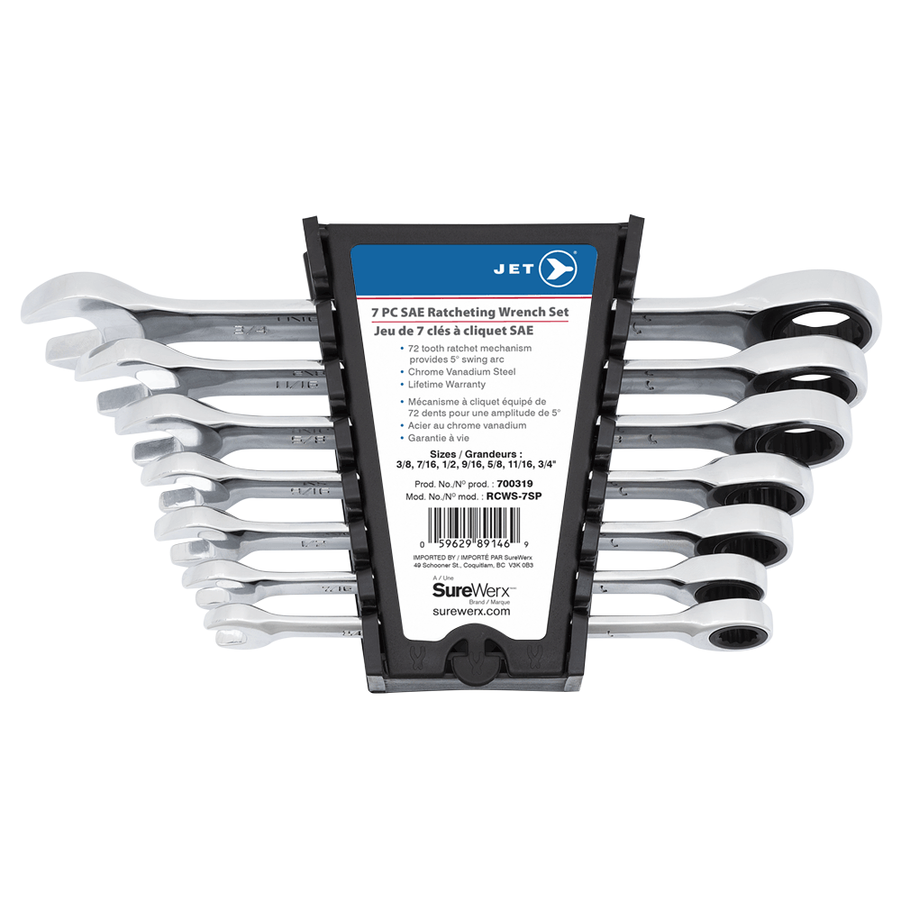 7-piece SAE ratcheting wrench set with chrome vanadium steel, 72-tooth mechanism, flat design for confined spaces