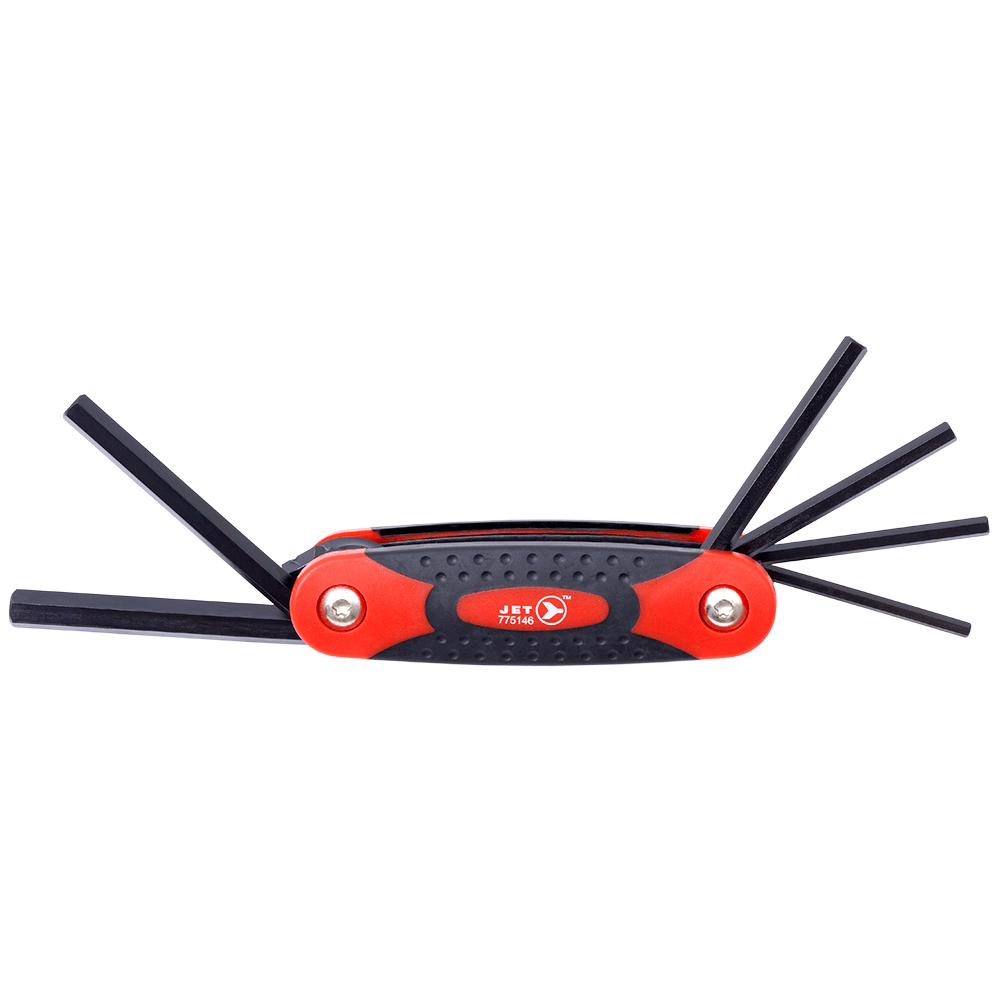 Folding set of 7 SAE hex keys with chrome vanadium steel blades and ergonomic dual-material handle in red and black