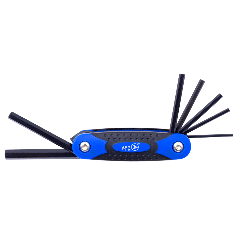 Foldable metric hex key set with ergonomic steel-reinforced handle and chrome vanadium steel keys