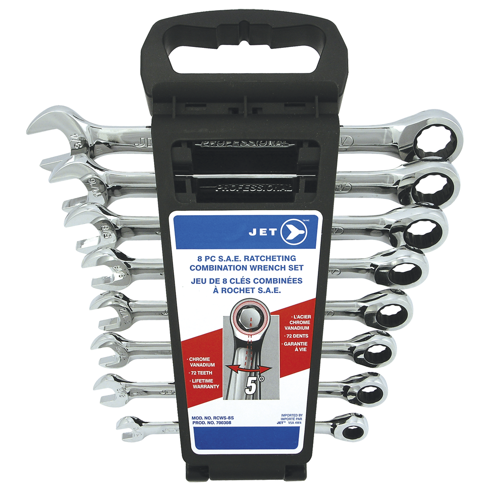 8-piece SAE ratchet combination wrench set with 72-tooth mechanism and chrome vanadium finish in black holder