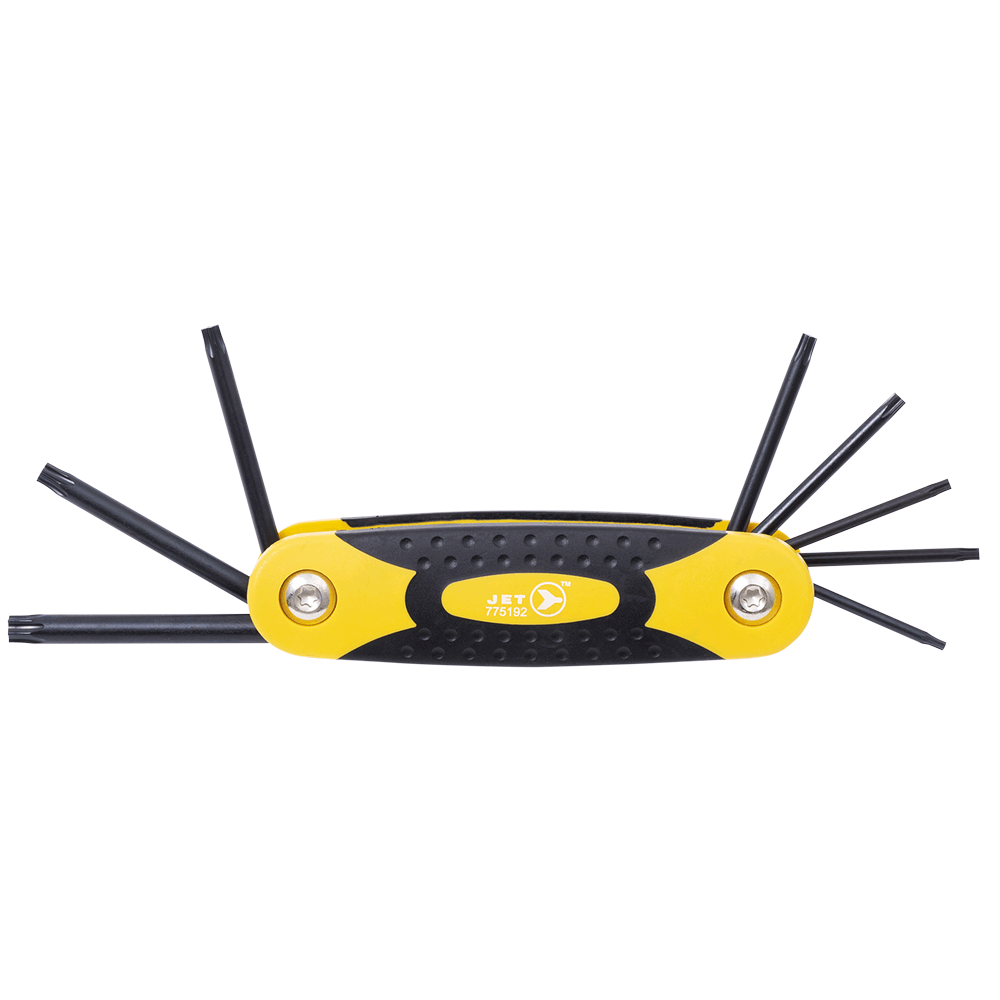Set of 8 folding Torx hex keys with ergonomic yellow and black steel-reinforced handle for durability and grip