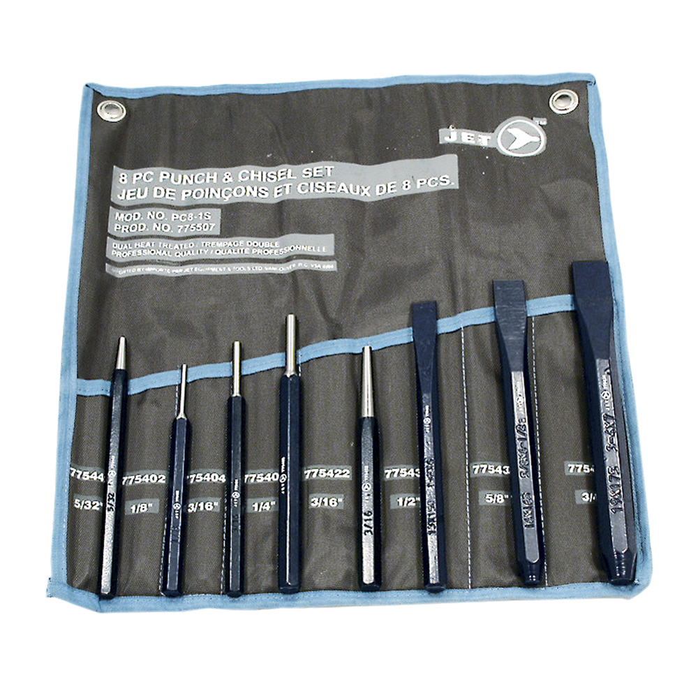 8-piece punch and chisel set with high carbon steel, anti-rust coated shanks, and continuously sharpened edges in fabric roll-up pouch