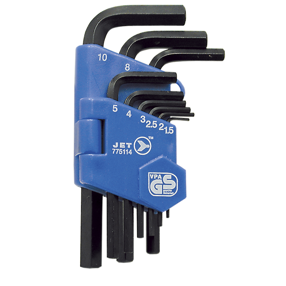 Set of 9 short black hex keys in blue plastic holder, chrome vanadium steel with precision chamfered tips