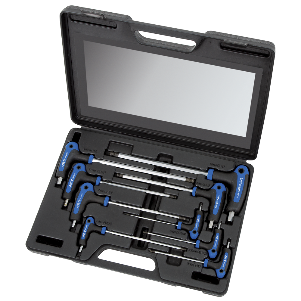 9-piece SAE hex key set with ergonomic composite rubber-coated handles in black plastic carrying case