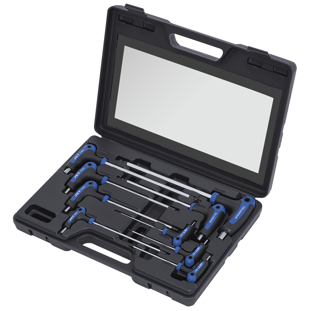 Set of 9 T-handle hex keys with ergonomic composite and rubber-coated handles in black carrying case