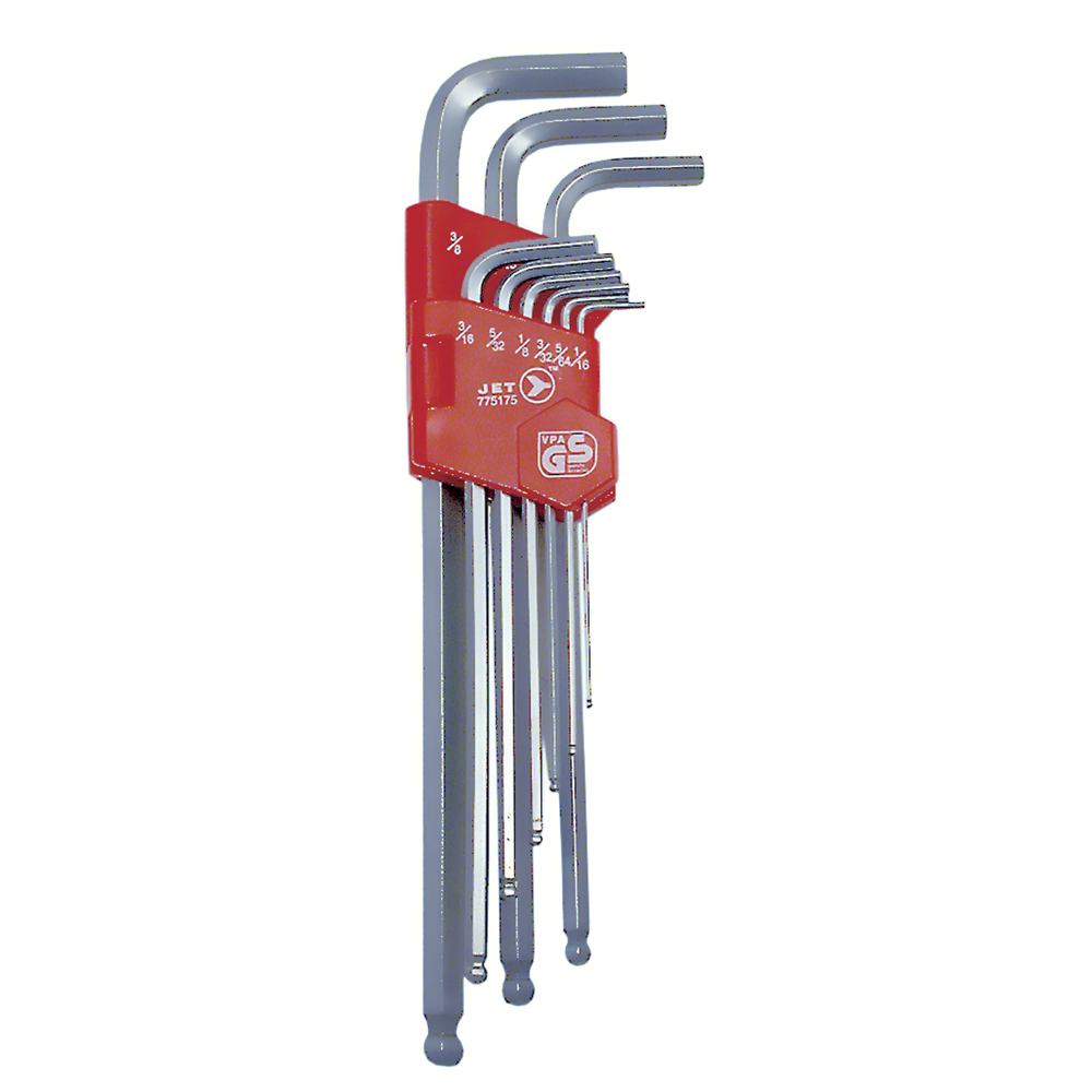 Set of 9 long SAE hex keys with ball ends, organized in a red holder for improved torque and reach
