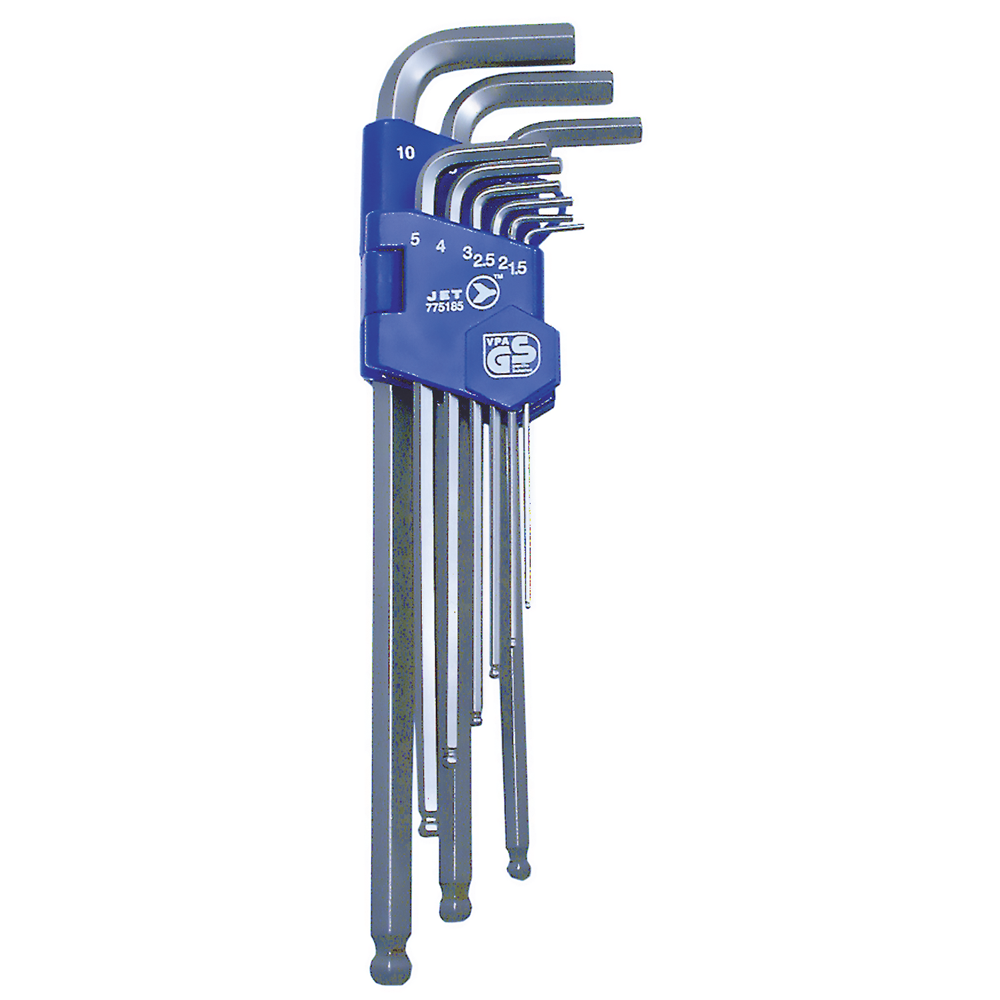 Set of 9 long ball-end hex keys in metric sizes, with blue holder for improved torque and extended reach