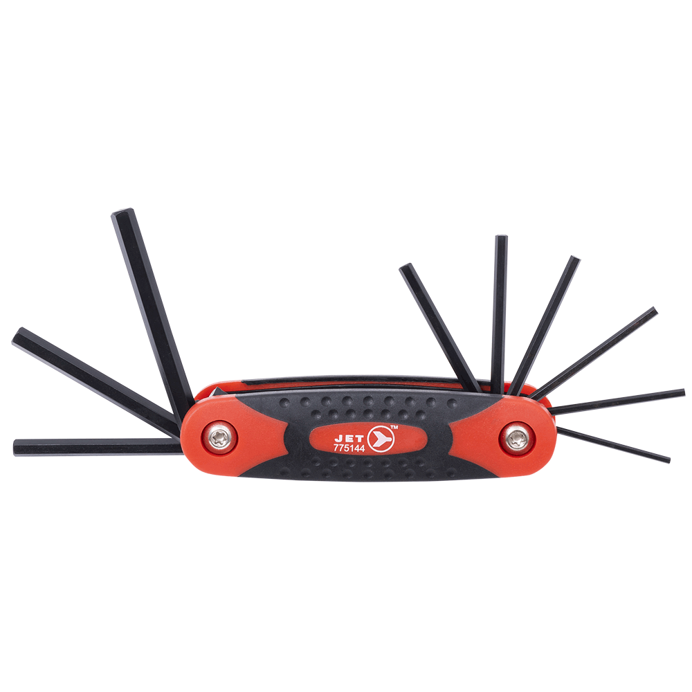 9-piece SAE hex key set with ergonomic black and red handle, steel reinforcement, and chrome vanadium construction