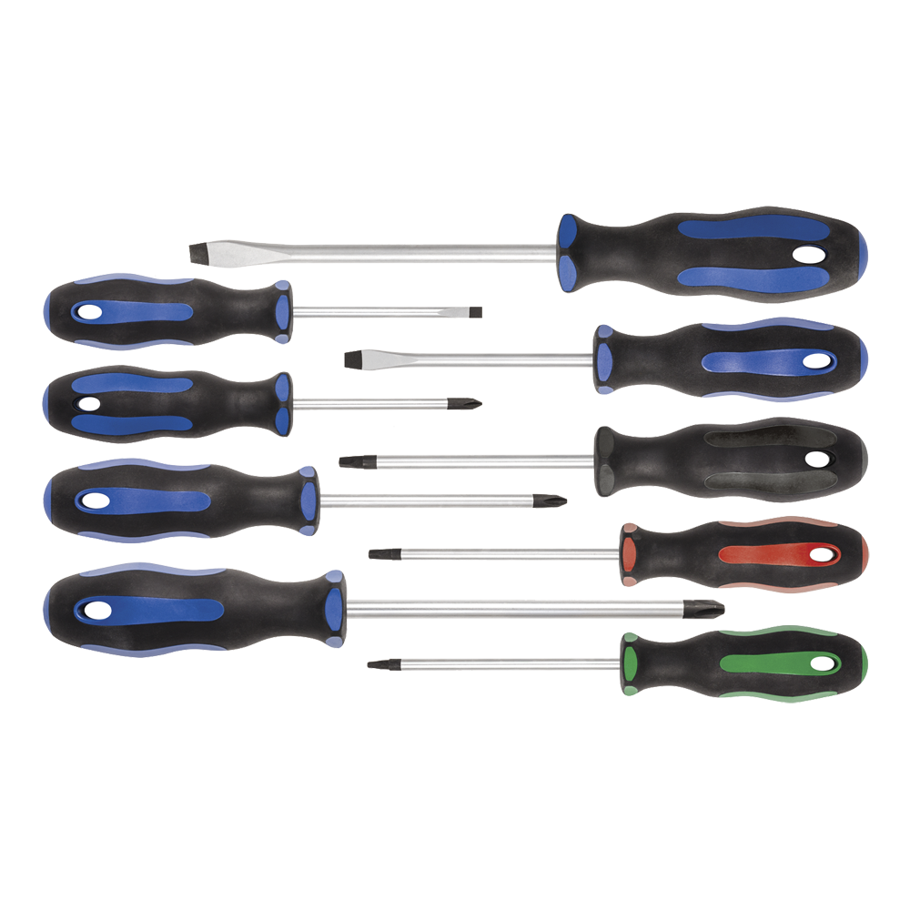Set of 9 ergonomic screwdrivers with molded polypropylene and thermoplastic handles in black, blue, red, and green accents