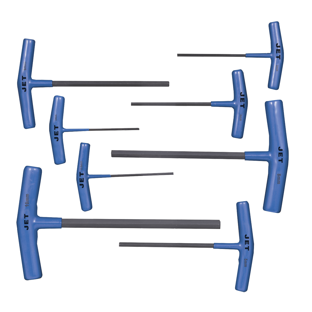 Set of 8 metric T-handle hex keys with blue PVC handles and induction-hardened S2 steel shafts for durability and torque
