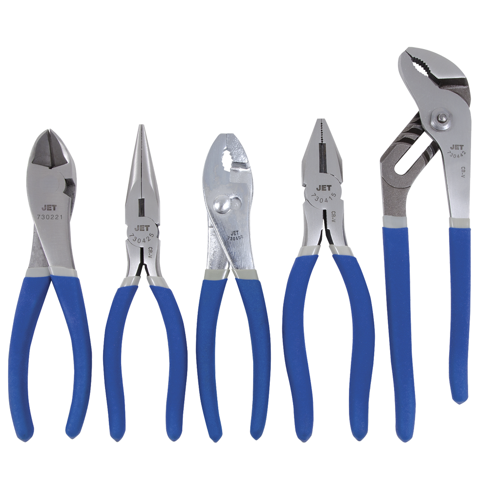 Set of 5 chrome vanadium steel pliers with blue handles including cutting, long nose, slip joint, combination, and water pump pliers