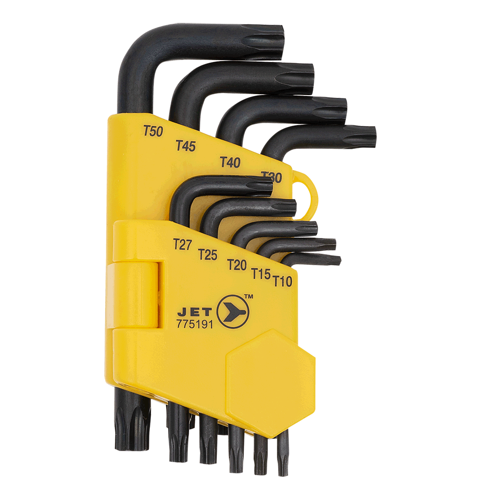 Set of 9 short Torx keys with precision chamfering, heat-treated chrome vanadium steel, and yellow storage holder