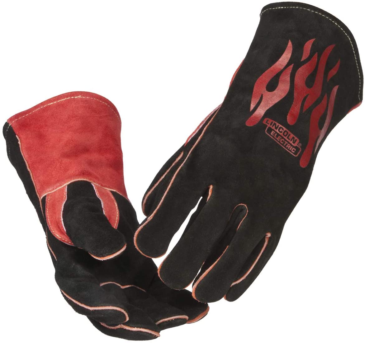 Heat-resistant split cowhide welding gloves with flame design, Kevlar stitching, and padded interior for comfort and protection
