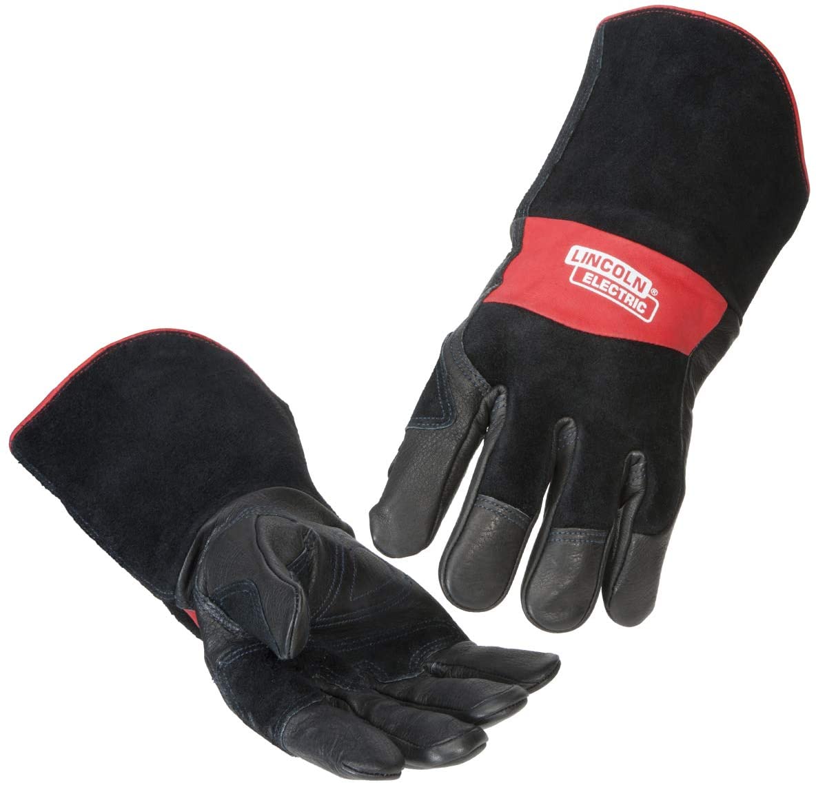 Pair of premium MIG welding gloves in black leather with red accent and reinforced palm for heat and spark protection