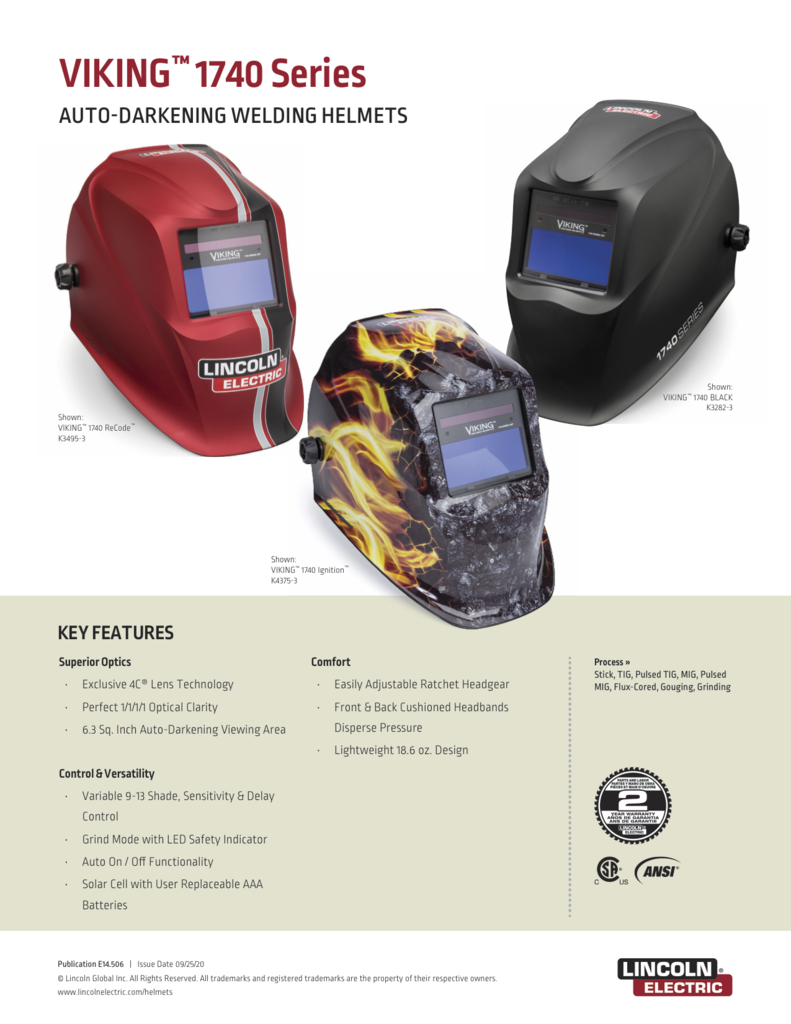 Three Lincoln Viking 1740 auto-darkening welding helmets in red, black, and flame design with adjustable headgear and large viewing windows