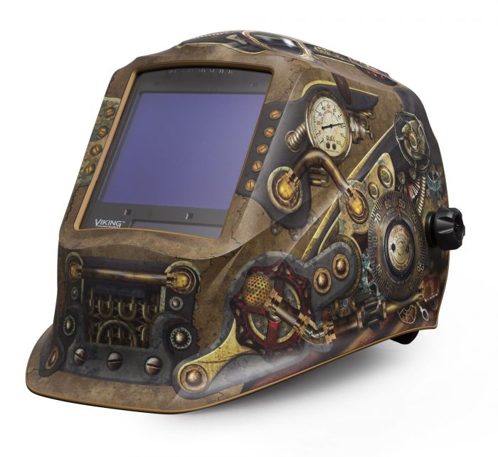 Automatic Lincoln Electric Viking 3350 welding helmet with steampunk design, 6-point headgear for comfort and productivity