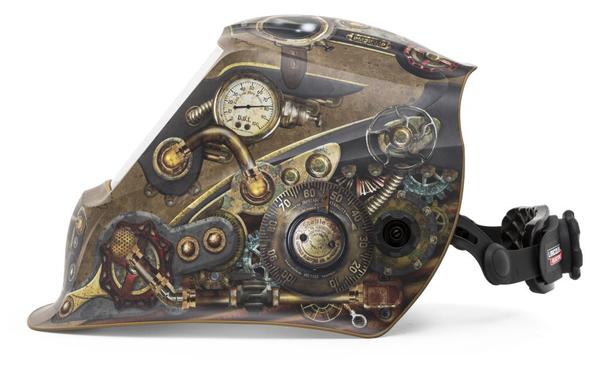 Lincoln Electric Viking 3350 welding helmet with steampunk design, auto-darkening, and adjustable fit system
