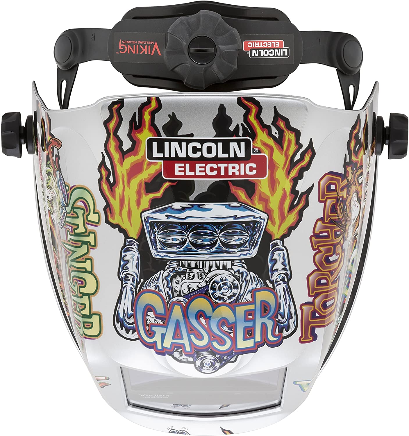 Lincoln Electric Viking 3350 welding helmet with custom hot rod flame design and adjustable headgear for industrial use