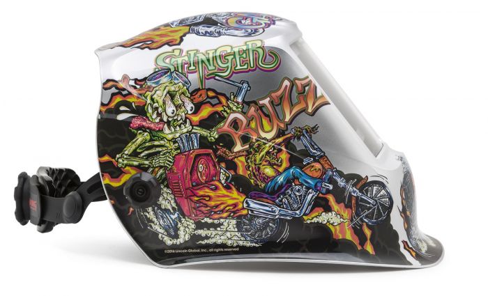 Lincoln Viking K4440-4 welding helmet with hot rodder skull graphic, adjustable headgear, and full-face protection