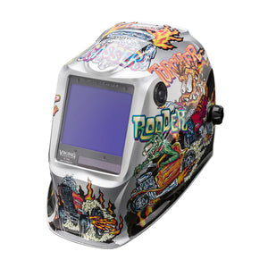 Lincoln Viking 3350 Hot Rodders welding helmet with colorful custom graphics and auto-darkening lens for industrial use